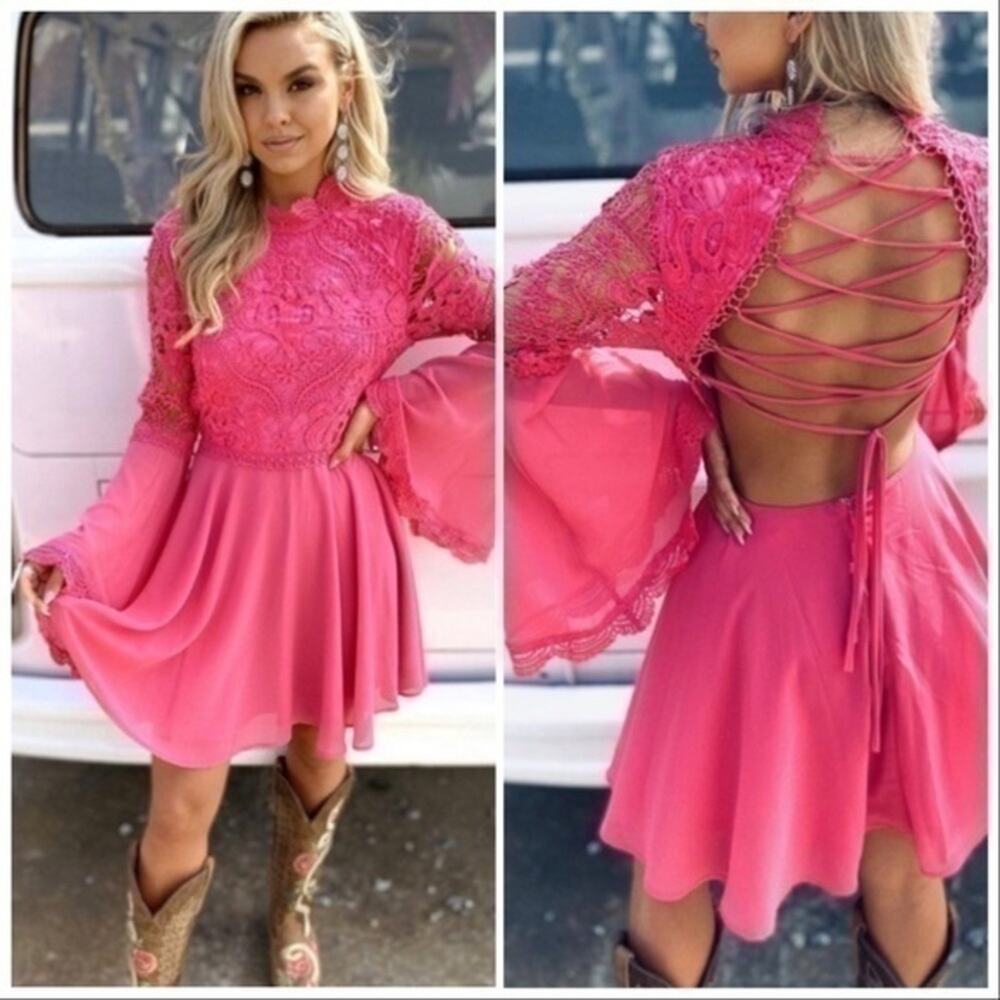 NWT Southern Fried Chics pink lace up mini dress bell sleeve XXL